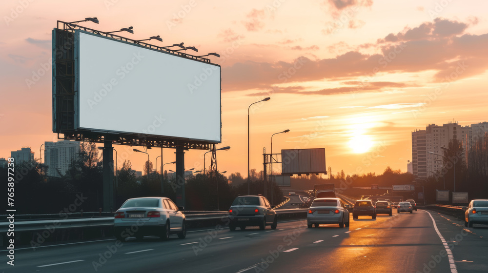 Empty Billboard During Daytime on Busy Road Business Traffic, Generative AI