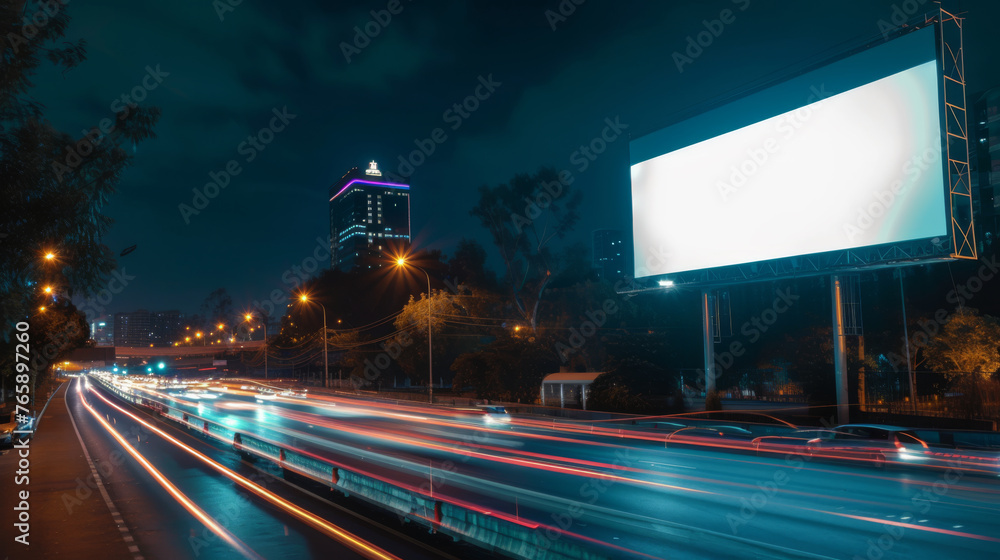 White Blank Illuminated Billboard on Busy Road at Night, Generative AI