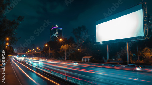 Obraz na płótnie White Blank Illuminated Billboard on Busy Road at Night, Generative AI w salonie