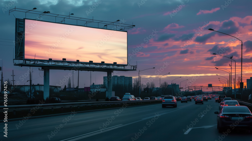 White Blank Illuminated Billboard on Busy Road at Night, Generative AI