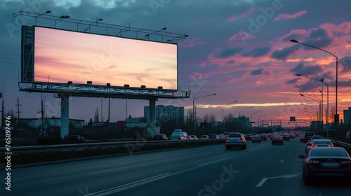 Obraz na płótnie White Blank Illuminated Billboard on Busy Road at Night, Generative AI w salonie