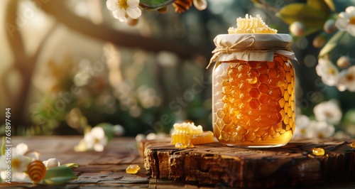 La luz del sol besa un tarro de miel, cuyo contenido dorado brilla con la promesa de dulzura, mientras los diligentes artesanos de la naturaleza elaboran este tesoro de ámbar líquido. photo