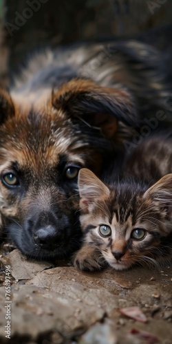 Acurrucados juntos, un cachorro desaliñado y un gatito elegante comparten un momento tierno, sus ojos pozos de curiosidad y compañerismo en la suave naturaleza salvaje. photo