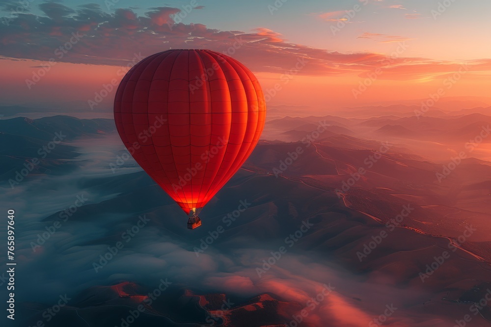 Colorful hot air balloon flying over misty mountains at sunrise, beautiful landscape background. concept of travel and adventure with copy space. the balloon flew over the misty, generated with AI