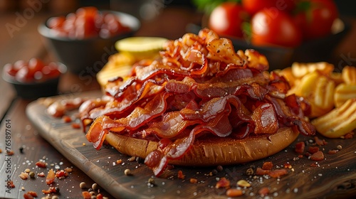 Hearty Bacon Stacked Burger with Crispy Fries on a Wooden Serving Board for a Savory Feast