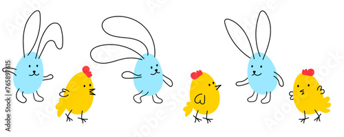 Easter horizontal border with funny cute chicken and rabbit on isolated white background. Simple childish doodle pattern. Creative minimalist style art vector background for children design template 