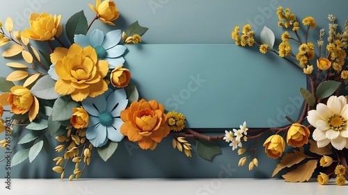 Modern elegant floral banner design with mustard yellow color and dusty teal color qnd empty space for text, floral frame  photo