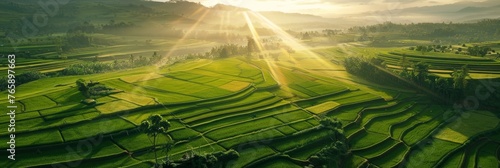 Bird s eye view of agricultural cultivated seeded fields  rice farmland in the rays of the rising sun  banner