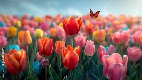 A butterfly among sea of tulips, gracefully flutters, generated with AI