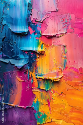 Closeup of abstract rough colorful multicolored rainbow colors art painting texture, with oil brushstroke, pallet knife paint on canvas, dripping color, generated with AI