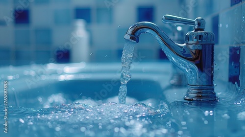 Close up of a tap with a drop of water. the tap is on the side. the background is minimal blue. space for text on the side  generated with AI