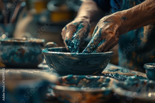 A person is actively mixing various ingredients in a bowl with a spoon, preparing a recipe