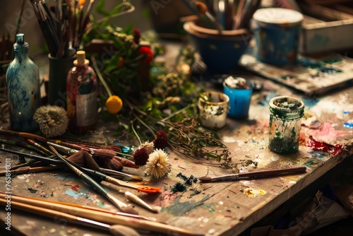 A table cluttered with various paintbrushes and tubes of paint, showcasing a creative workspace for painting