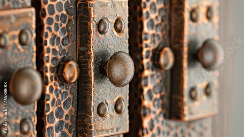 A UHD close-up of a row of decorative door hinges with hammered copper finish, their artisanal craftsmanship and rustic patina adding character and charm to the interior against the neutral backdrop. photo