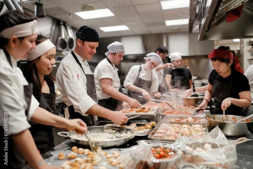 A group of individuals working together to prepare food in a kitchen setting, showcasing teamwork and culinary skills