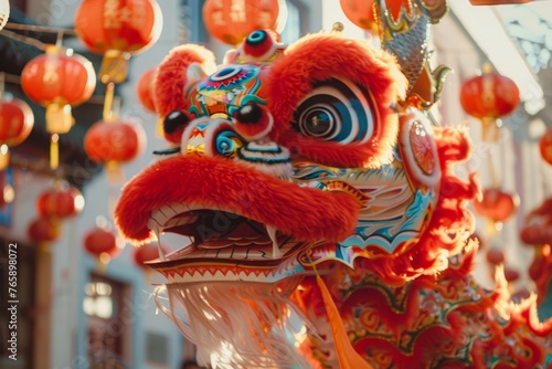 A red dragon head is suspended on the side of a building, part of Lunar New Year festivities and cultural celebrations