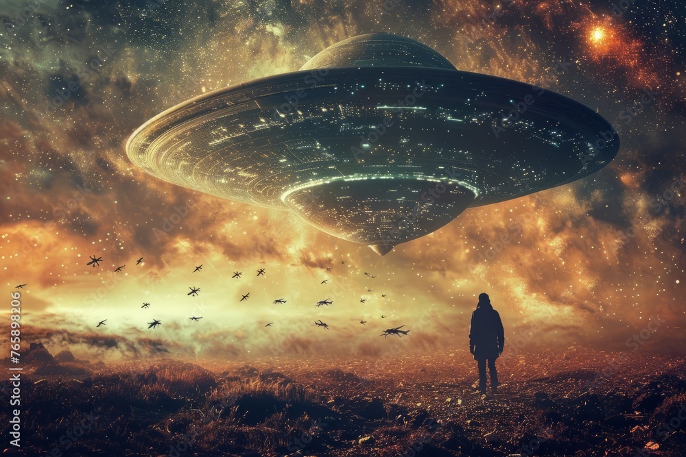 A person is standing in front of a massive extraterrestrial object, possibly a spaceship or structure, in a remote location - obrazy, fototapety, plakaty 