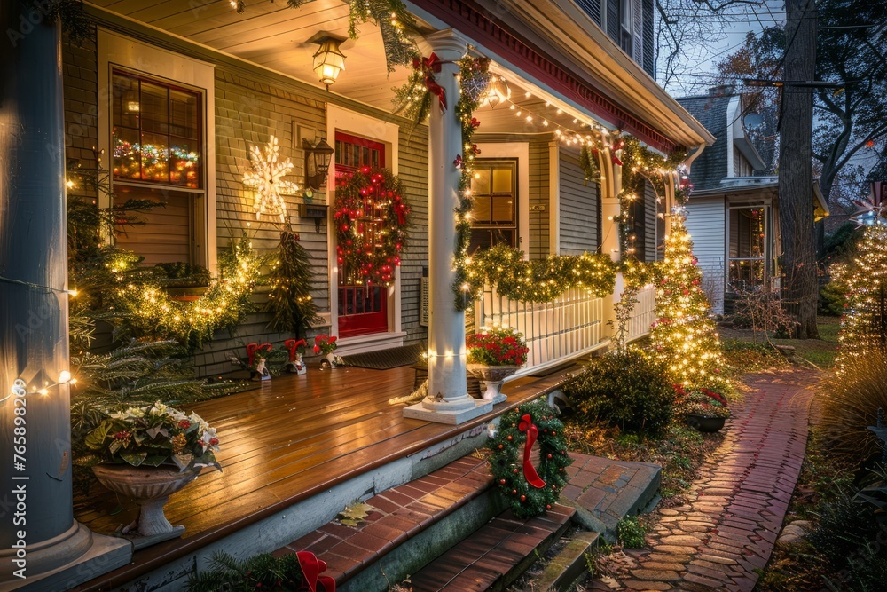A house adorned with festive Christmas lights on the front porch, creating a warm and inviting holiday atmosphere