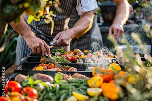 A man is cooking food on a outdoor grill, showcasing the farm-to-table concept in action with fresh ingredients