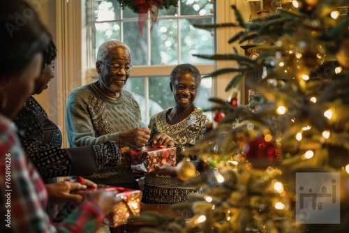 Family members gathered around a decorated Christmas tree, exchanging gifts and enjoying each others company