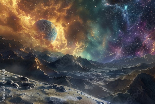A space scene featuring towering mountains, twinkling stars, and distant planets in the vast cosmic expanse