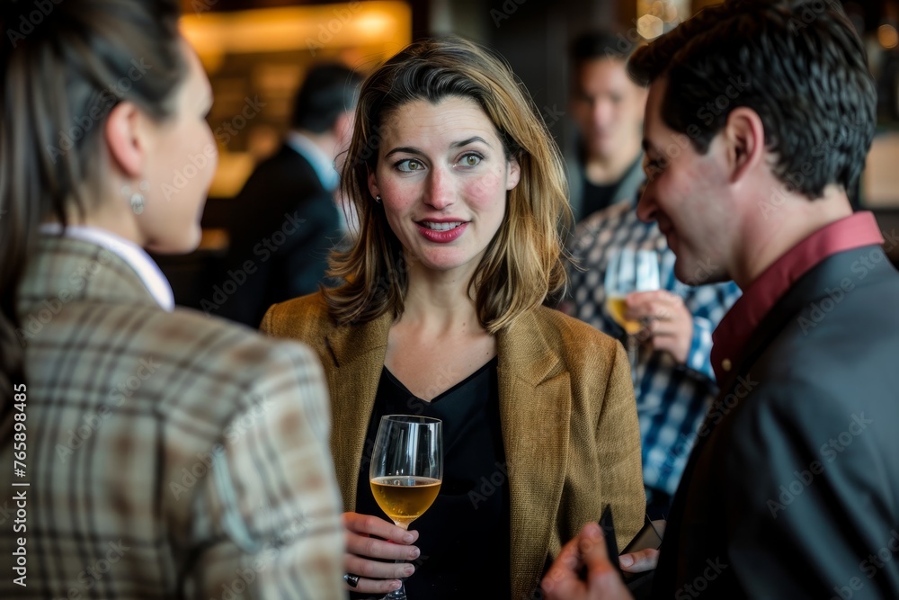 A woman conversing with two men while holding a glass of wine at a networking event, showcasing professionals engaging in business discussions