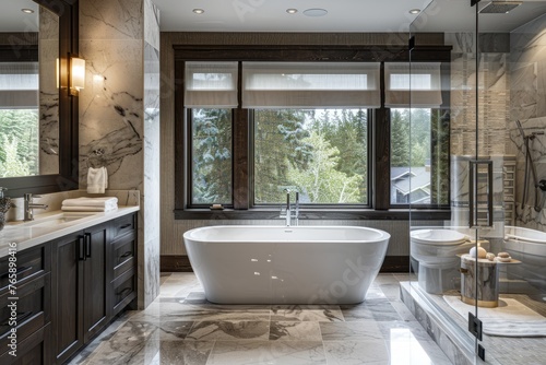 A lavish bathroom featuring a large tub, sink, marble countertops, and rainfall shower, reminiscent of a spa retreat