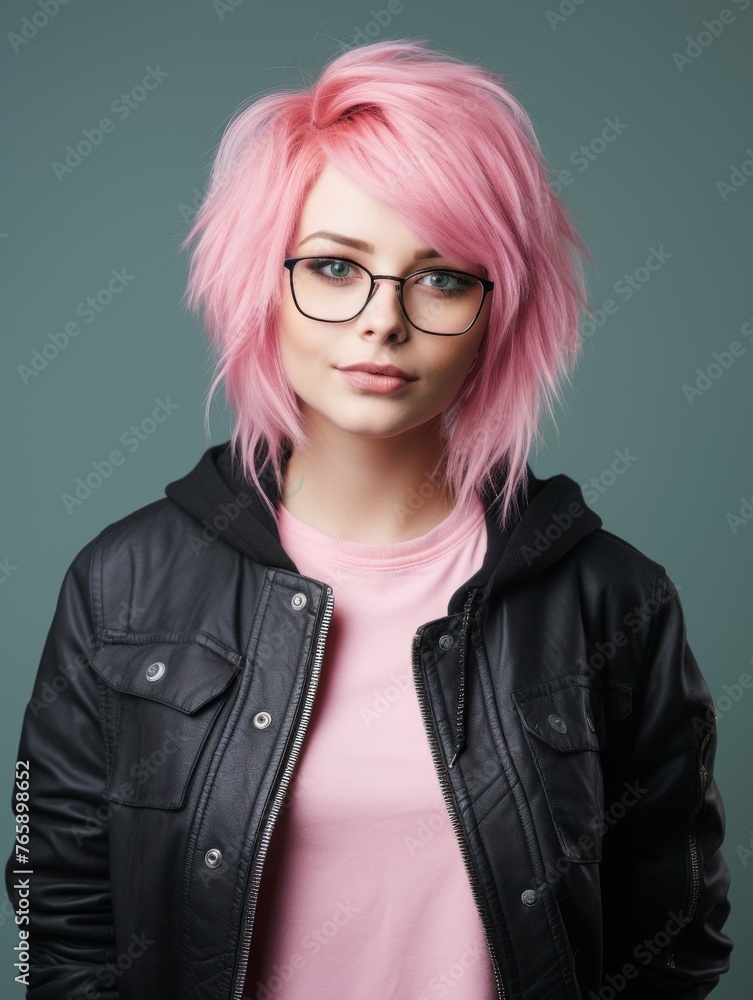 Woman With Pink Hair in Glasses and Black Jacket Woman With Pink Hair in Glasses and Black Jacket