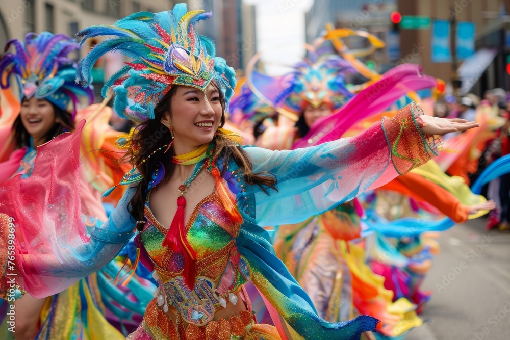 A group of women dressed in vibrant costumes parading down the street during a spring festival, showcasing the energy and diversity of the event