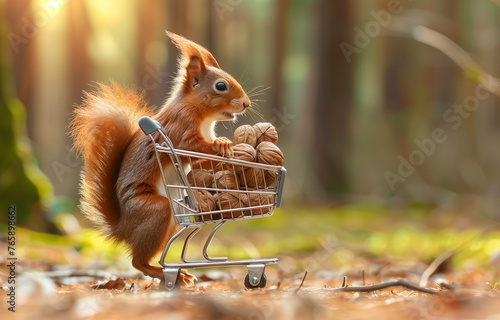 A red squirrel is carrying nuts in the shopping cart against a forest background in the style of photo style real photography using a macro lens