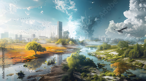 a contrasting landscape with death and destruction on one side and a futuristic perspective with integrated pristine wildlife and sustainable housing