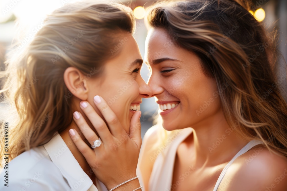 Close-up photo of a lesbian couple during a proposal, with one partner tenderly slipping an engagement ring onto the other partner's finger, their faces radiant with happiness.
Close-up photo of a lesbian couple during a proposal, with one partner tenderly slipping an engagement ring onto the other partner's finger, their faces radiant with happiness.