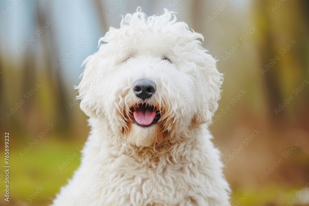 A Kuvasz-Hungarian Puli with a cheerful expression, captured in a candid moment, with space for text on the bottom left side of the image.