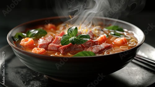 Bowl of pho steaming with lots of thin beef and brisket, black background, ultra-detailed, hyper-realistic, 8k resolution,generated with AI