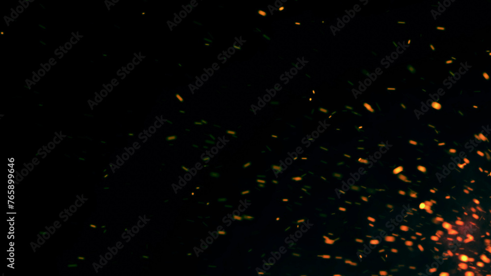Red Glowing Ember Particles, Dark Glitter Fire Lights Rise Among Smoke, Fog, and Misty Texture Over Black Background, Burning Sparks in this Abstract Composition.
