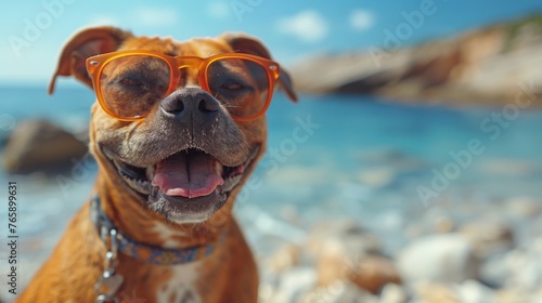 Funny happy dog in summer vacations, generated with AI