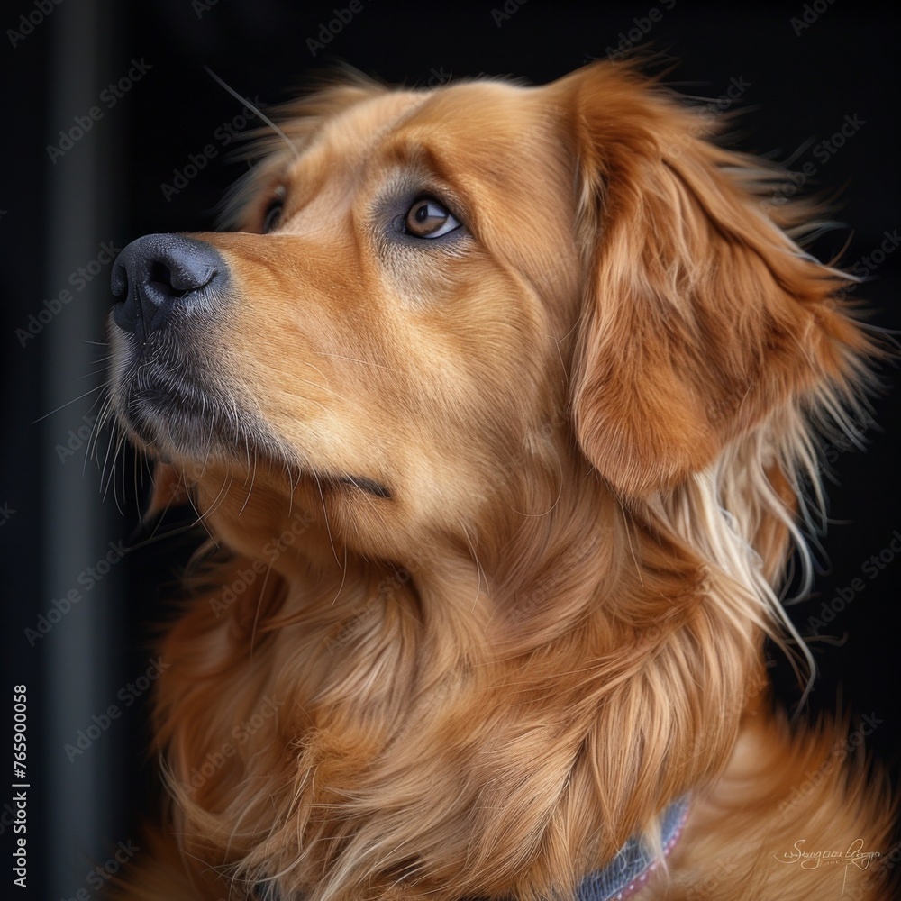 Extremely curious golden retriever, commercial photography, generated with AI
