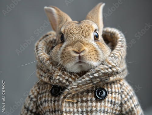 Fashion-forward rabbit in houndstooth jacket portrait, gray background, generated with AI