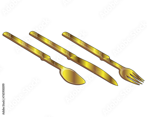 vector design of three pieces of cutlery, namely a fork and spoon and a meat cutting knife made of gold