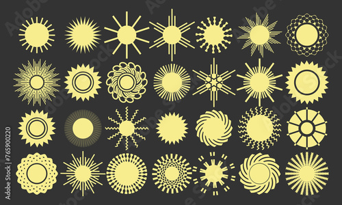 Twenty-eight stylized images of the sun on a dark background. Set of vector icons