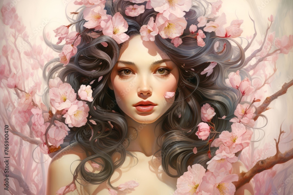 
Illustration portrait of a girl adorned with delicate blossoms, embodying the fragility and elegance of a cherry blossom tree.