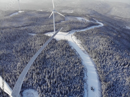 Éolienne hiver couché soleil 
