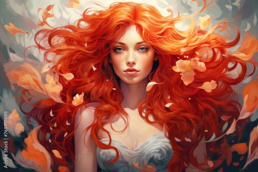 
Illustration portrait showcasing a girl with fiery red hair, evoking the passion and intensity of a tulip in full bloom