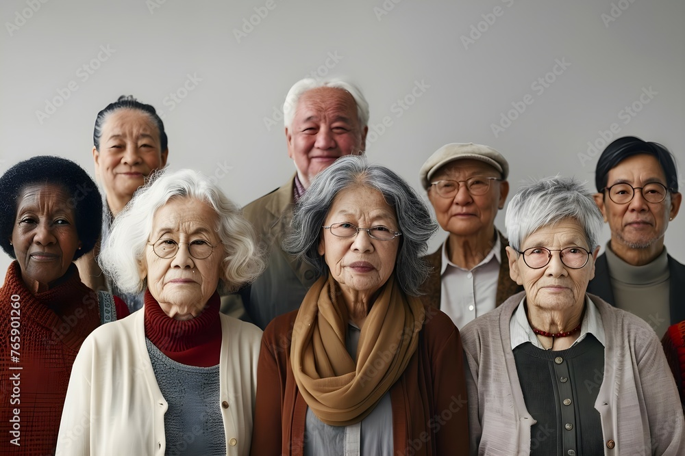 Diverse group of elderly people representing global demographic aging highlighting the challenges and changes in society. Concept Aging Population, Global Demographics, Elderly Representation