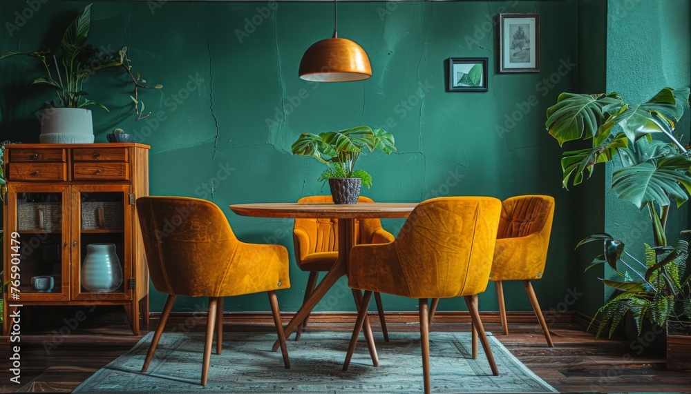 Obraz premium Mustard color chairs at round wooden dining table in room with sofa and cabinet near green wall, generated with AI