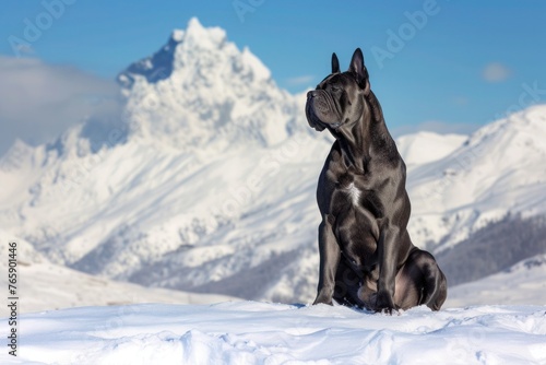 A majestic Cane Corso posing against a backdrop of snow-capped mountains, its powerful physique accentuated by the pristine white snow,