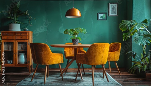 Mustard color chairs at round wooden dining table in room with sofa and cabinet near green wall  generated with AI