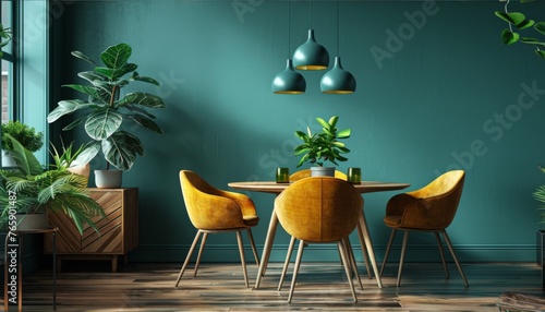 Obraz na płótnie Mustard color chairs at round wooden dining table in room with sofa and cabinet near green wall, generated with AI w salonie