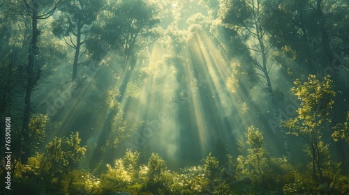 Sunny old forest after rain  secular trees  sunny day  rays and beams of sunlight  generated with AI