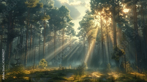 Sunny old forest after rain  secular trees  sunny day  rays and beams of sunlight  generated with AI